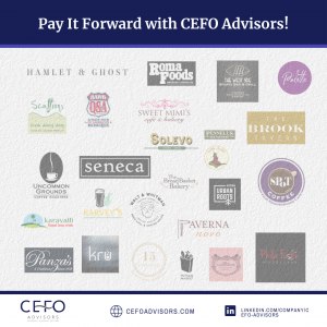 TEXT pay it forward with CEFO advisors with various logos